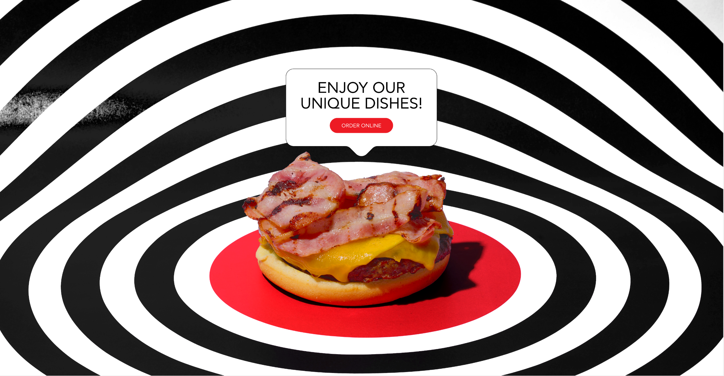 Bacon cheeseburger σε κόκκινο πιάτο, πάνω σε ασπρόμαυρους κύκλους. Enjoy our unique dishes!